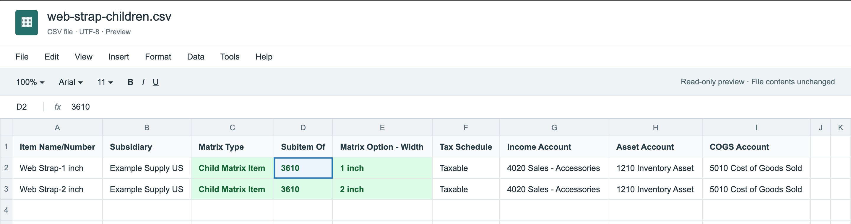 web-strap-children.csv in a spreadsheet. Web Strap-1 inch and Web Strap-2 inch have Child Matrix Item, Subitem Of 3610 and Matrix Option - Width 1 inch and 2 inch, with those columns in green.