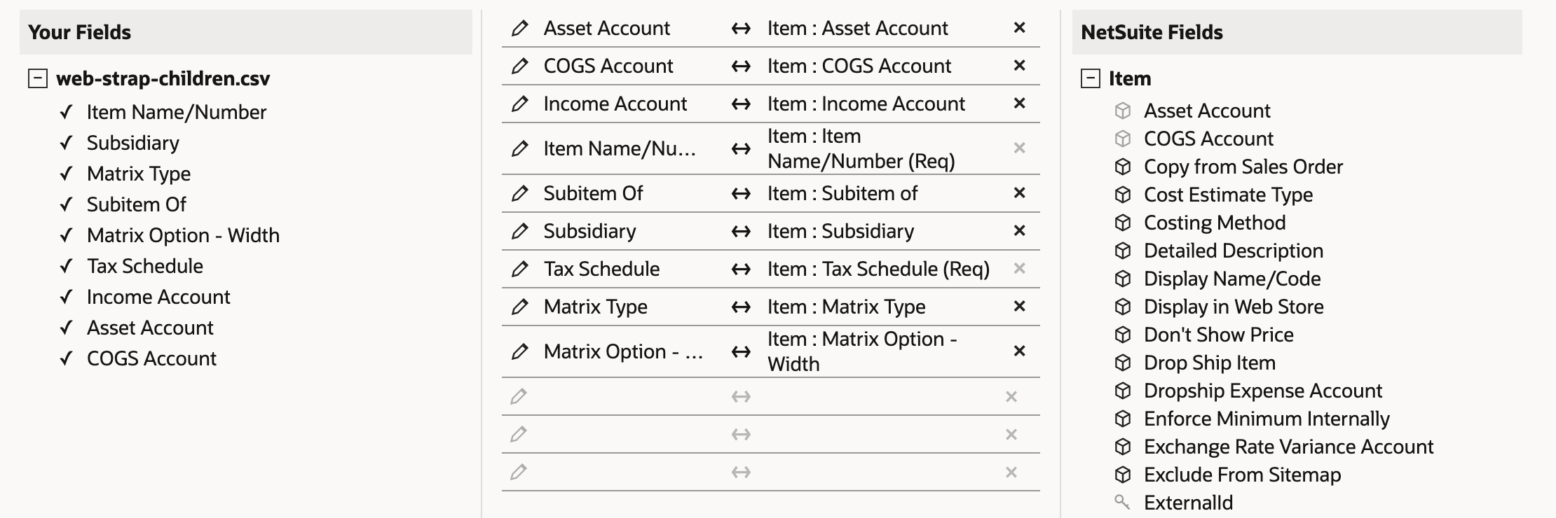 Field Mapping for the children file. Subitem Of is mapped to Item : Subitem of, Matrix Type to Item : Matrix Type, and Matrix Option - Width to Item : Matrix Option - Width. An arrow points to the Subitem of row.
