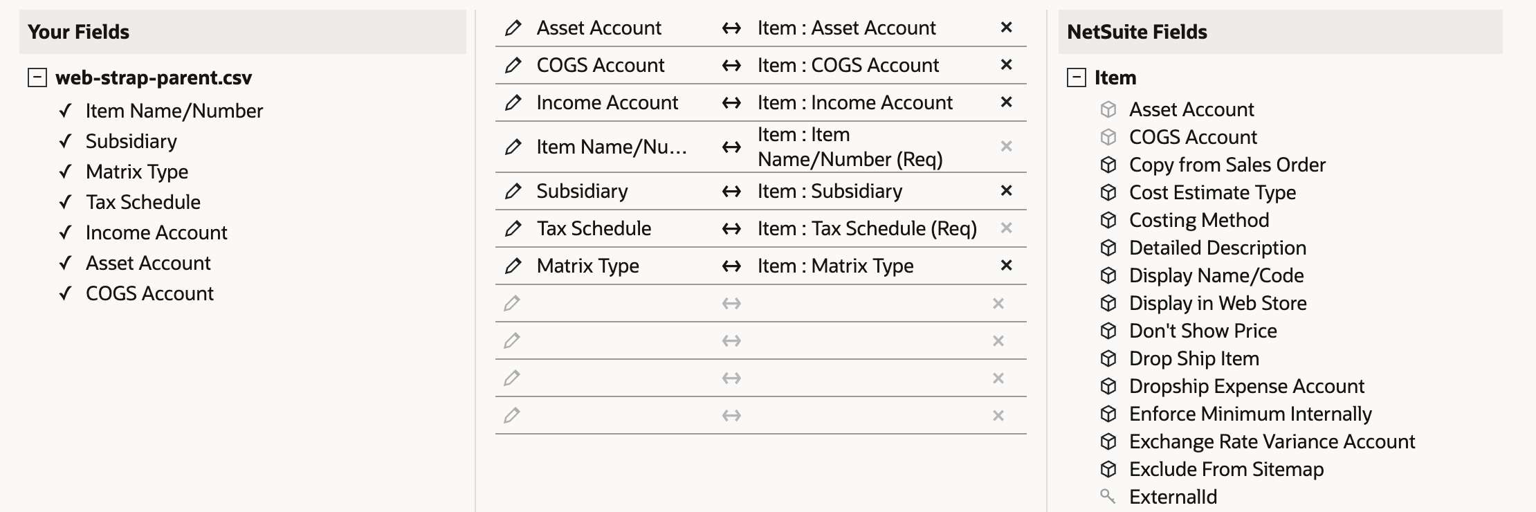 Field Mapping for the parent file. Matrix Type is mapped to Item : Matrix Type, with the accounts, Item Name/Number, Subsidiary and Tax Schedule. An arrow points to the Matrix Type row.