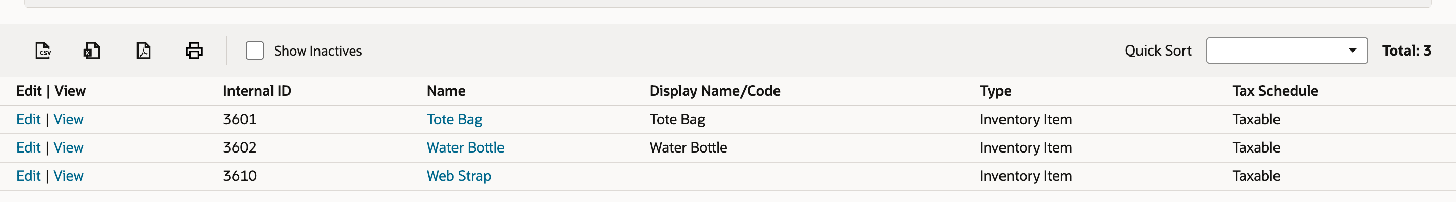 The Items list with an Internal ID column. Web Strap, the last of three rows, has Internal ID 3610.
