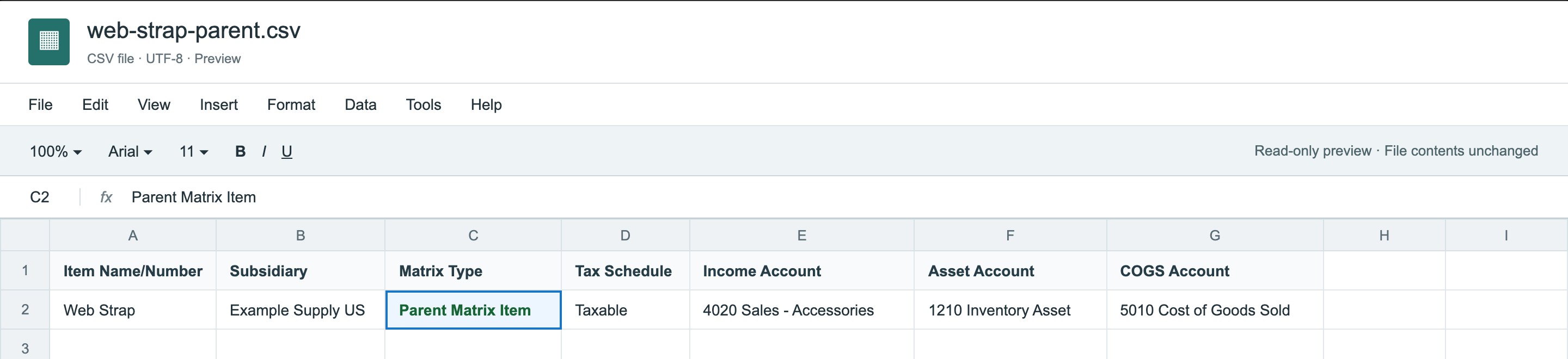 web-strap-parent.csv in a spreadsheet. One data row: Web Strap, Example Supply US, Parent Matrix Item in green, Taxable and three accounts.
