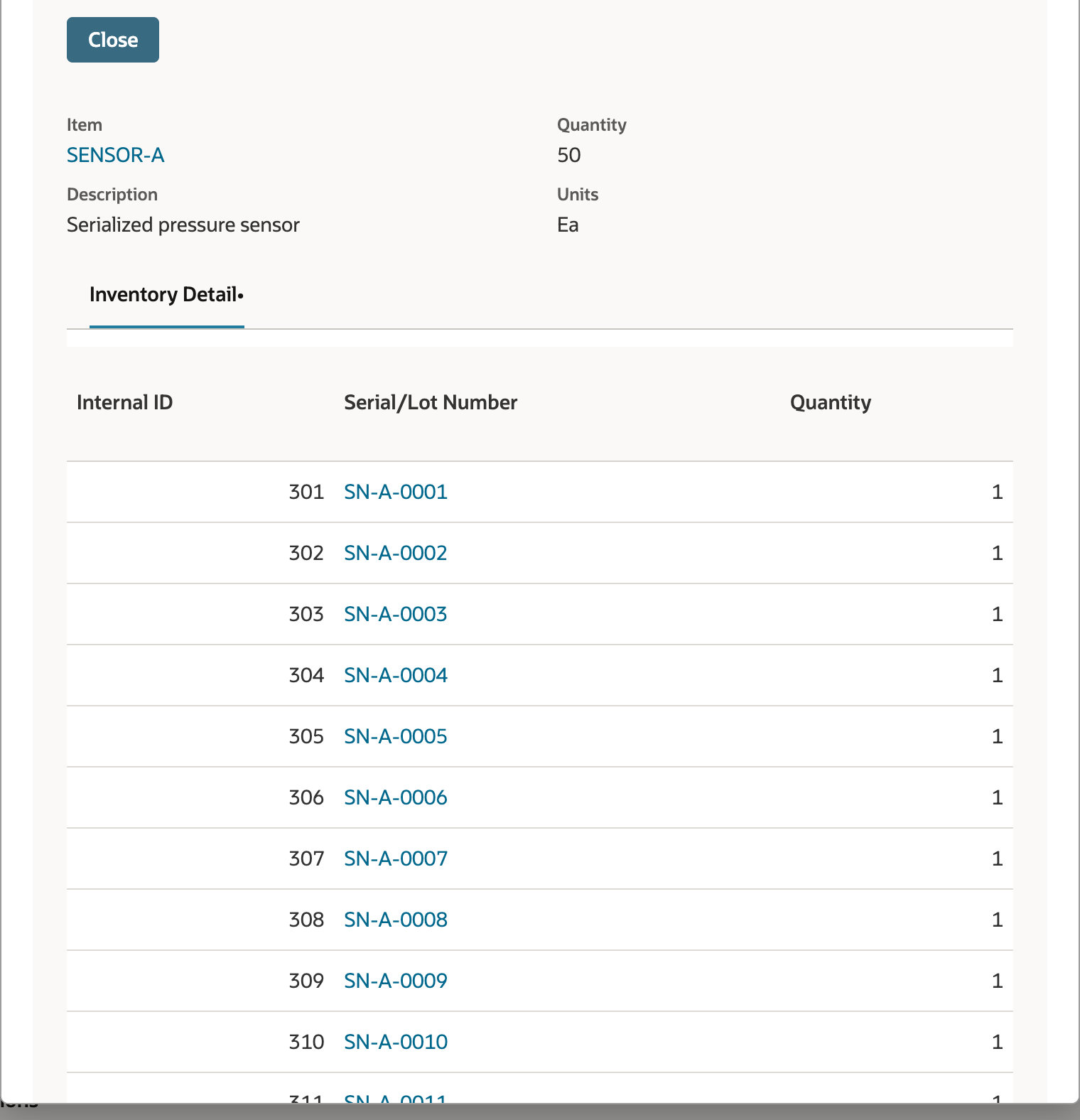 The Inventory Detail popup for SENSOR-A, quantity 50, listing Internal ID, Serial/Lot Number and Quantity columns, with serial numbers SN-A-0001 onward and a quantity of 1 on each row.