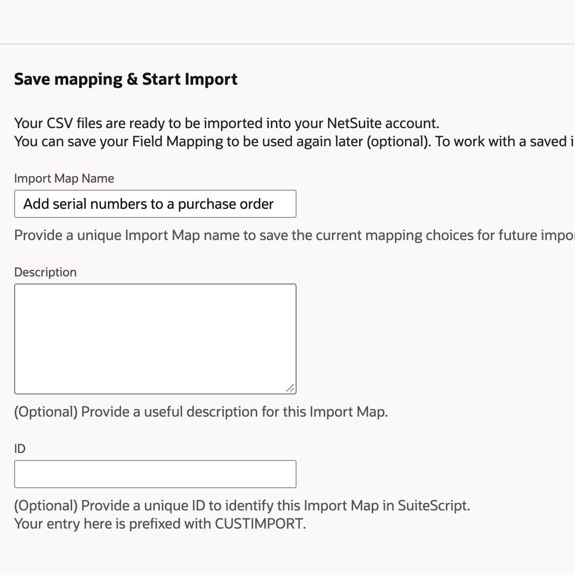 Import Assistant step 5, Save mapping and Start Import, with the Import Map Name Add serial numbers to a purchase order.