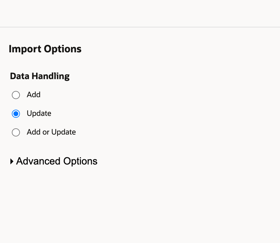 Import Assistant step 2, Import Options, with Data Handling set to Update.