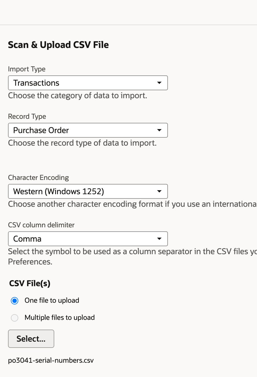 Import Assistant step 1 with Import Type Transactions, Record Type Purchase Order, and the file po3041-serial-numbers.csv selected.
