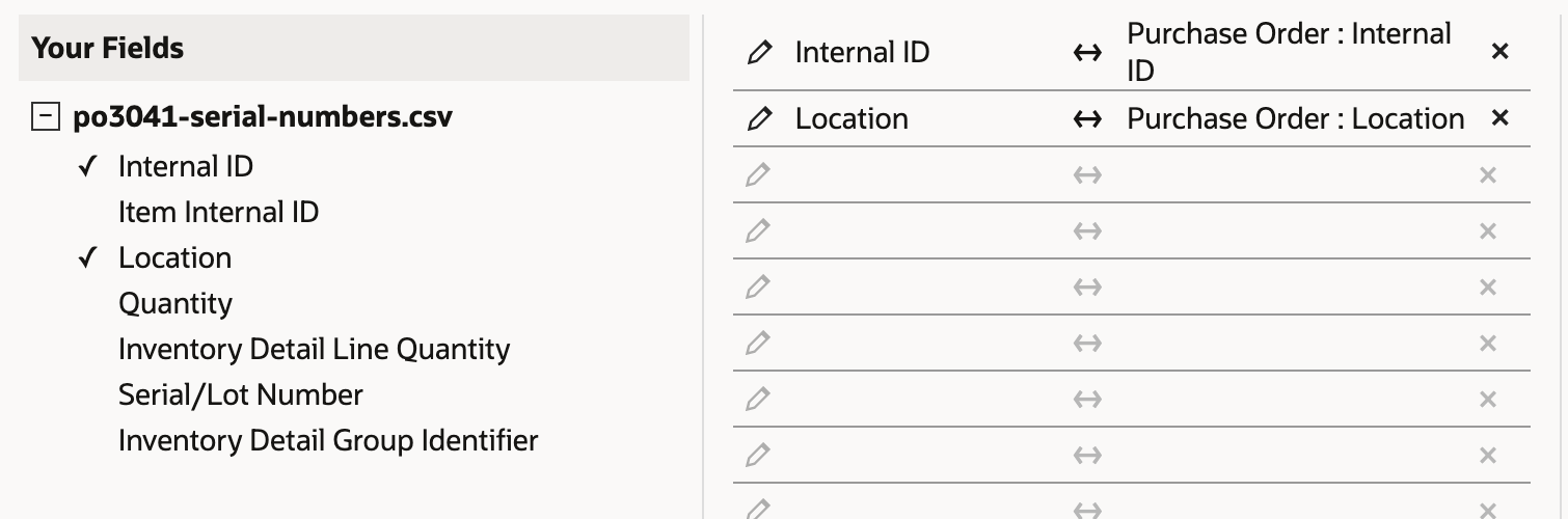 Import Assistant Field Mapping with two rows already mapped, Internal ID to Purchase Order : Internal ID and Location to Purchase Order : Location, and five columns still unmapped.