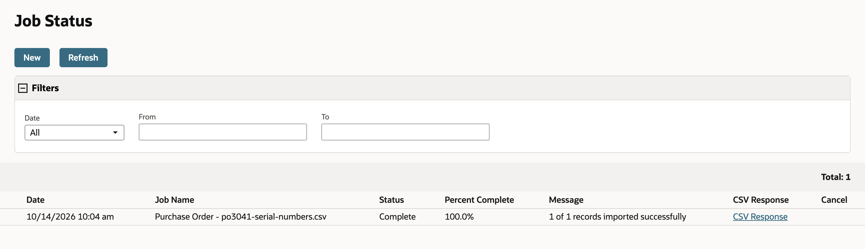 Job Status listing the Purchase Order import as Complete, 100.0%, with the message 1 of 1 records imported successfully.