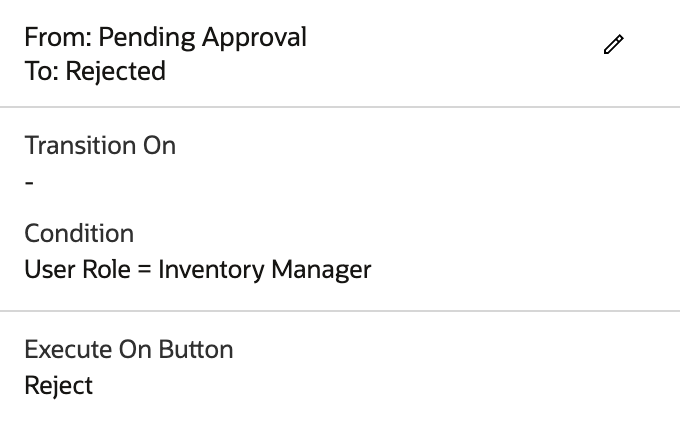 Rejected transition requires Inventory Manager and executes on Reject.