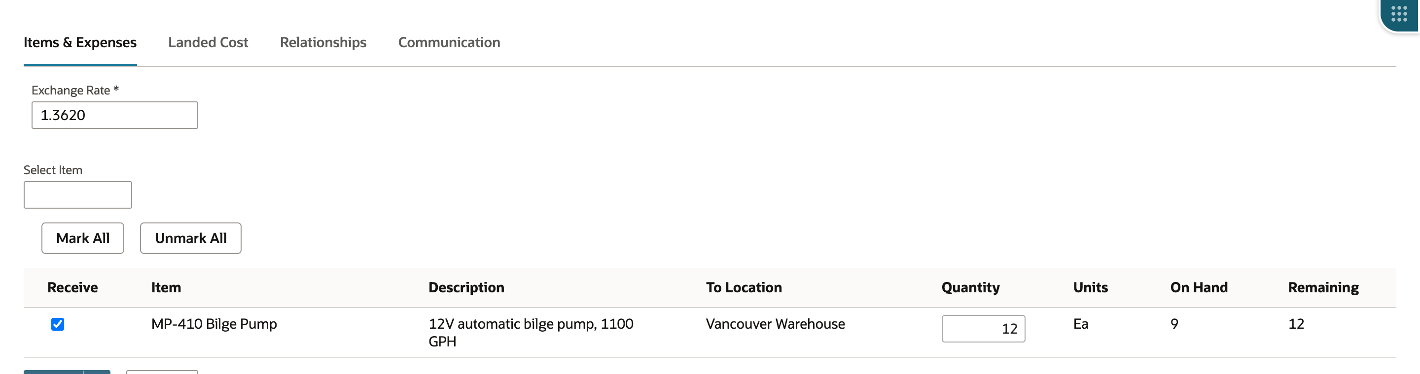 The Items and Expenses subtab of the receipt: Exchange Rate 1.3620, and a line receiving MP-410 Bilge Pump into Vancouver Warehouse with Quantity 12, Units Ea, On Hand 9 and Remaining 12. An arrow points to the Exchange Rate field.
