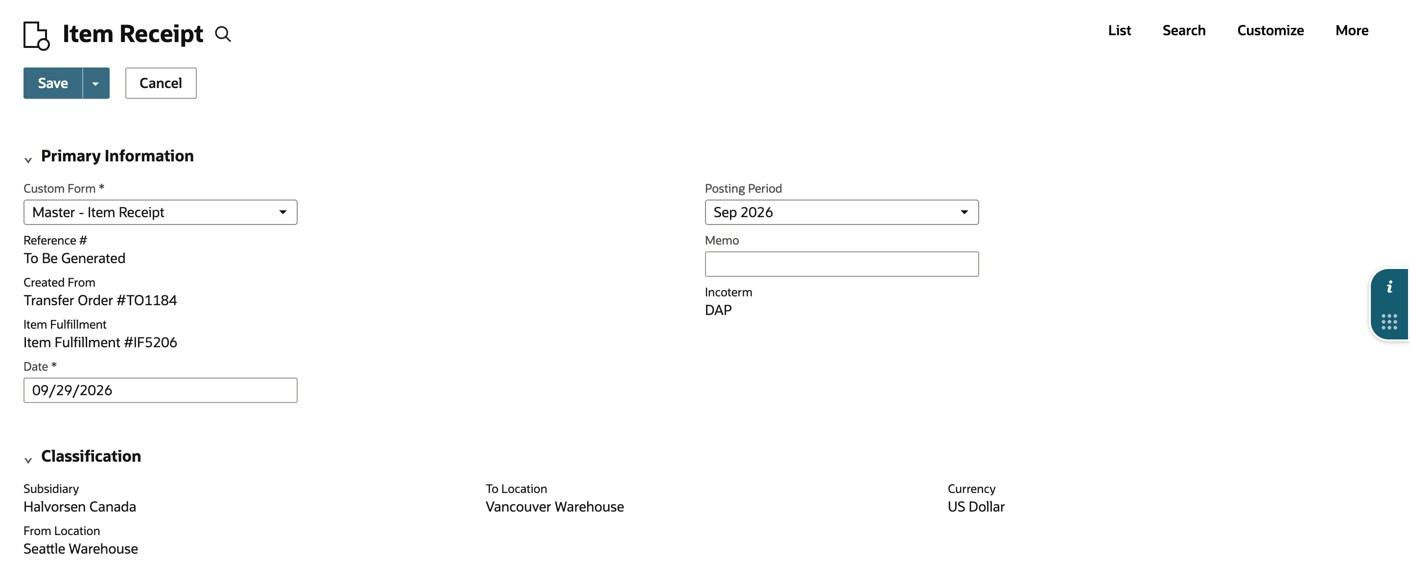 A new Item Receipt created from Transfer Order #TO1184 with Item Fulfillment #IF5206, Date 09/29/2026, Subsidiary Halvorsen Canada, From Location Seattle Warehouse, To Location Vancouver Warehouse and Currency US Dollar.