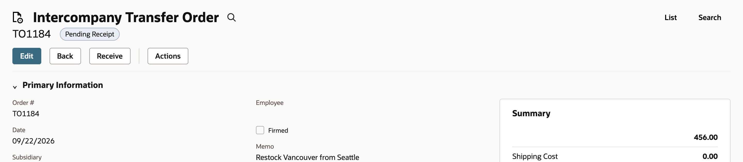 Intercompany Transfer Order TO1184 with status Pending Receipt and a Receive button.