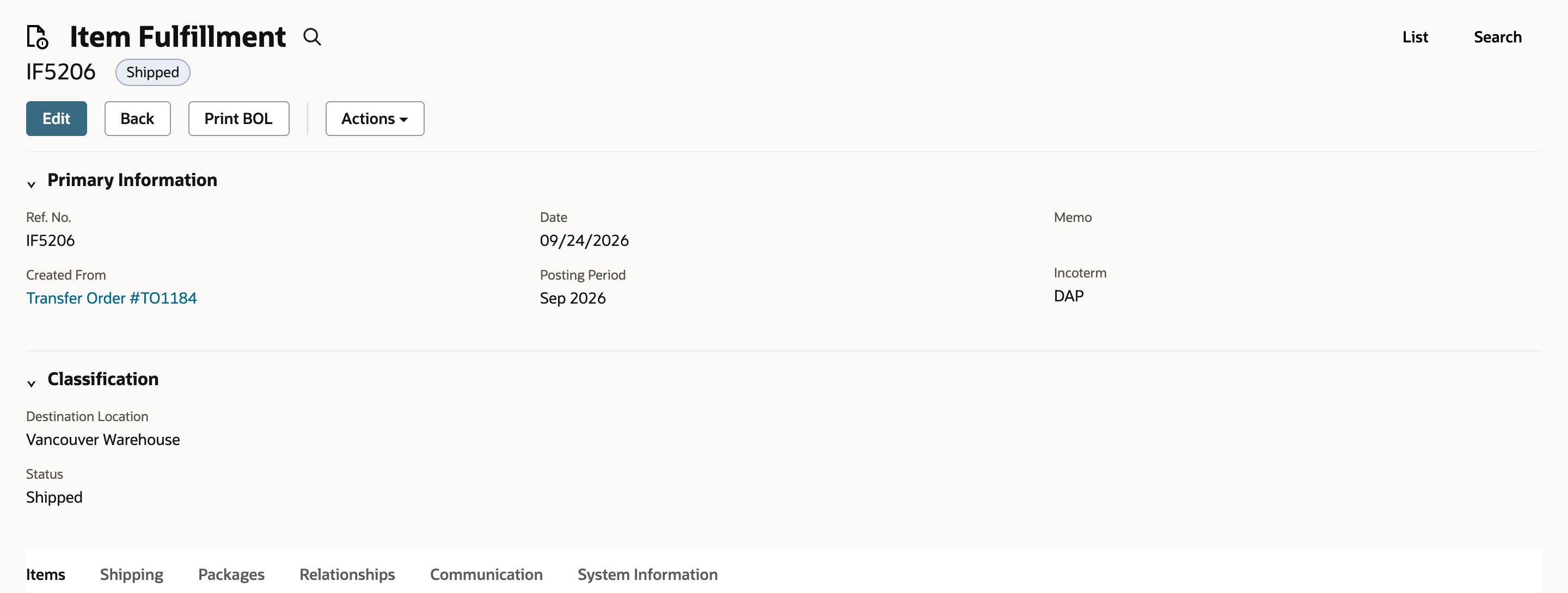 Item Fulfillment IF5206 with status Shipped, Created From Transfer Order #TO1184, Date 09/24/2026, Posting Period Sep 2026, Incoterm DAP and Destination Location Vancouver Warehouse.