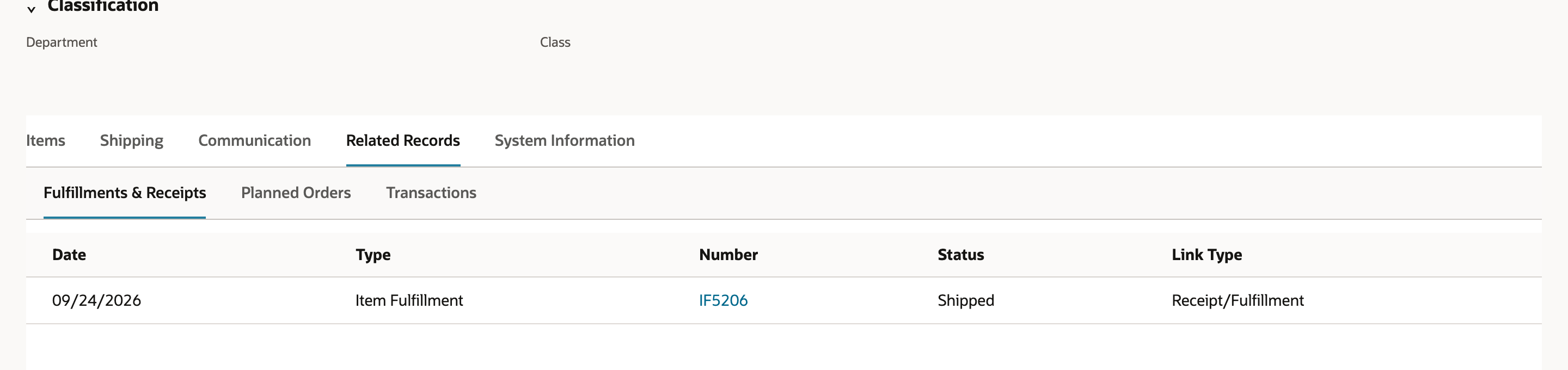 The Related Records subtab of TO1184, Fulfillments and Receipts: one row dated 09/24/2026, Item Fulfillment IF5206, Status Shipped, Link Type Receipt/Fulfillment.
