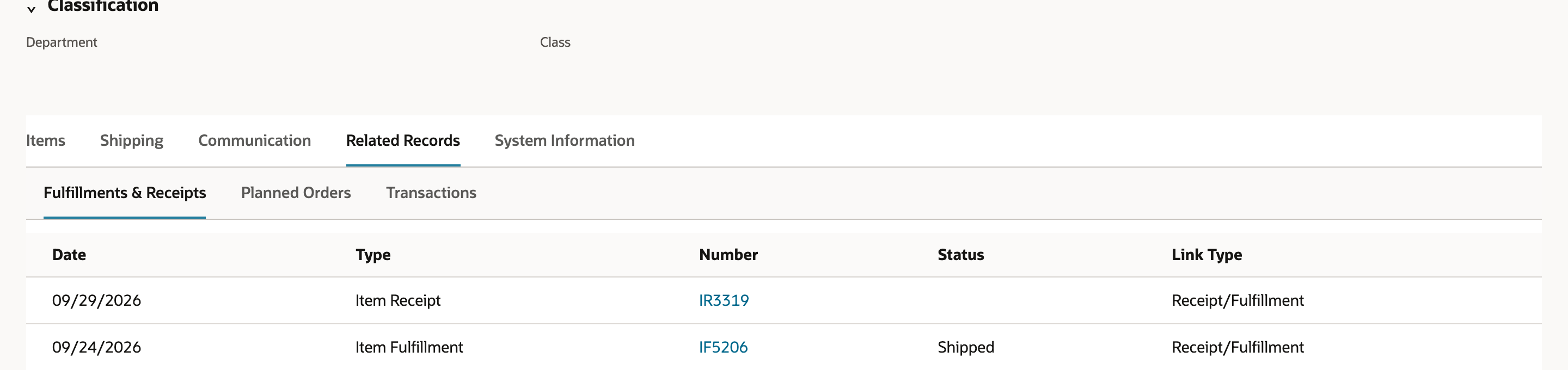 The Related Records subtab of TO1184, Fulfillments and Receipts: Item Receipt IR3319 dated 09/29/2026 and Item Fulfillment IF5206 dated 09/24/2026 with Status Shipped.