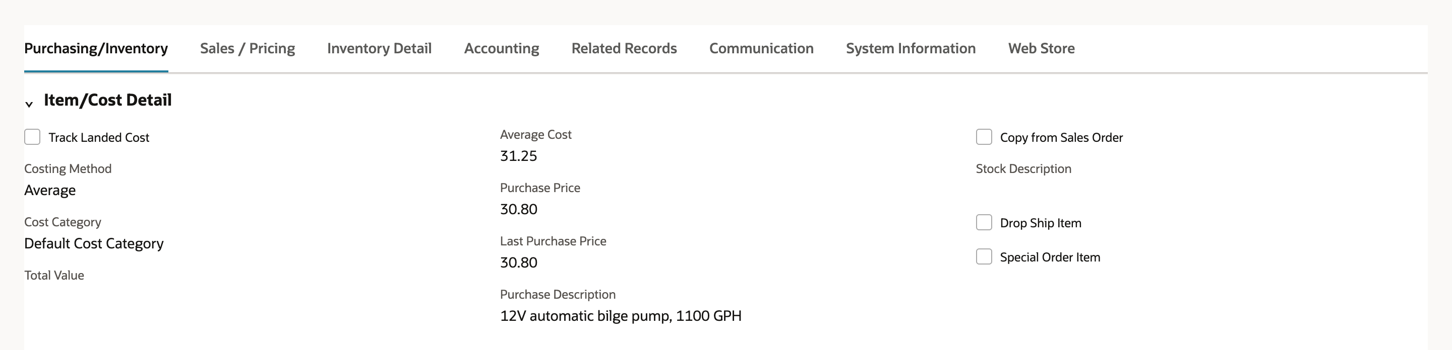 The Purchasing/Inventory subtab of item MP-410 Bilge Pump. Item/Cost Detail shows Costing Method Average, Average Cost 31.25, Purchase Price 30.80 and Last Purchase Price 30.80. An arrow points to 31.25.