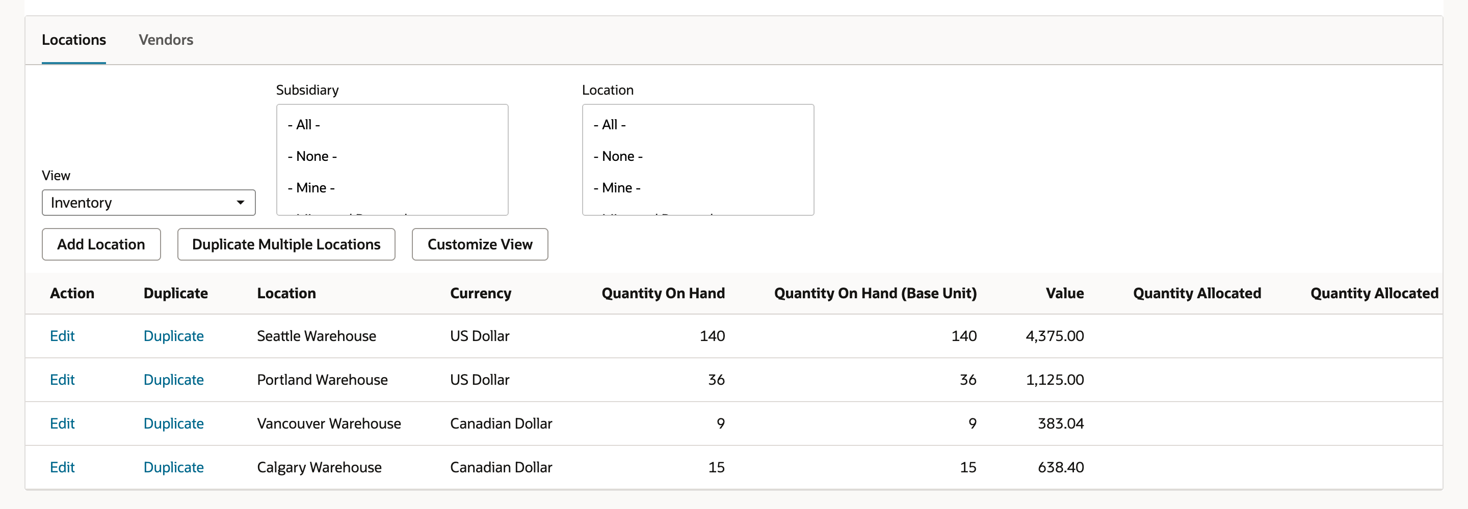 The Locations list for MP-410 in the Inventory view. Seattle Warehouse, US Dollar, Quantity On Hand 140; Portland Warehouse 36; Vancouver Warehouse, Canadian Dollar, 9; Calgary Warehouse 15.