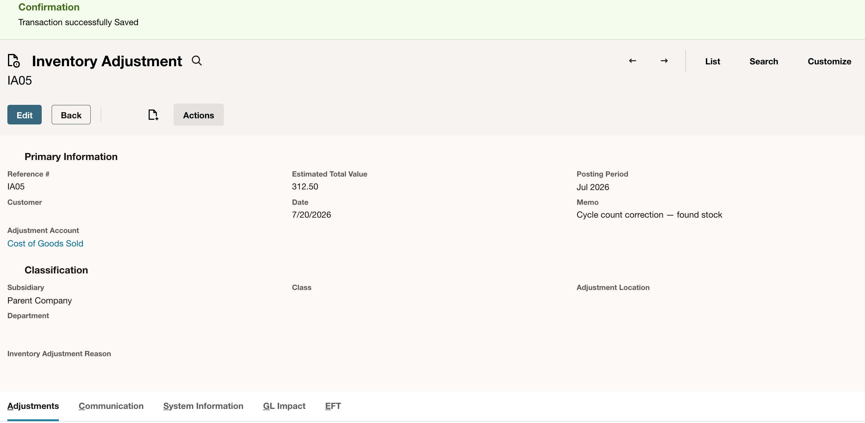 NetSuite: Confirm the saved adjustment before reviewing its accounting.