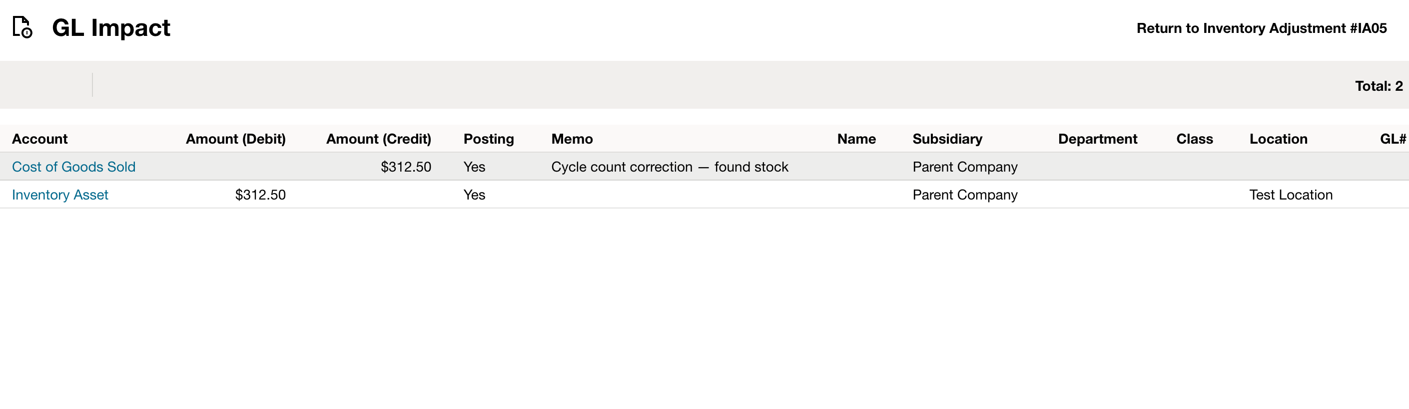 NetSuite: GL Impact shows the actual debit, credit, and posting flag.