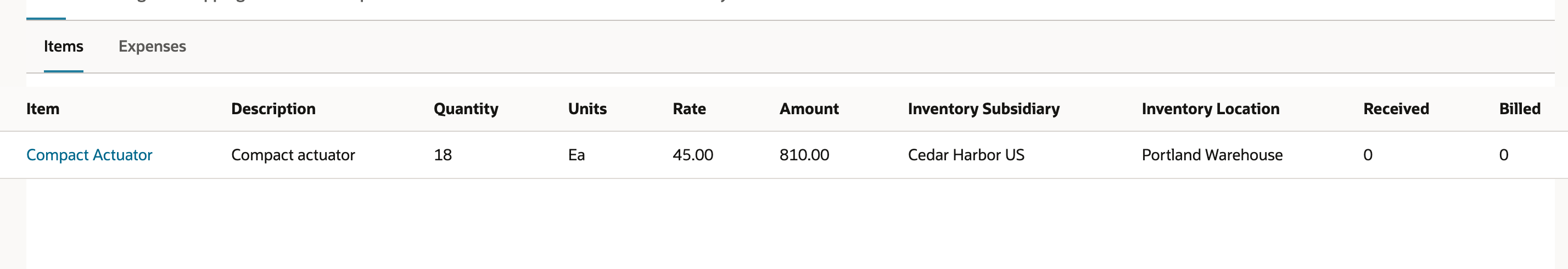 The purchase order contains 18 units and has not been received.