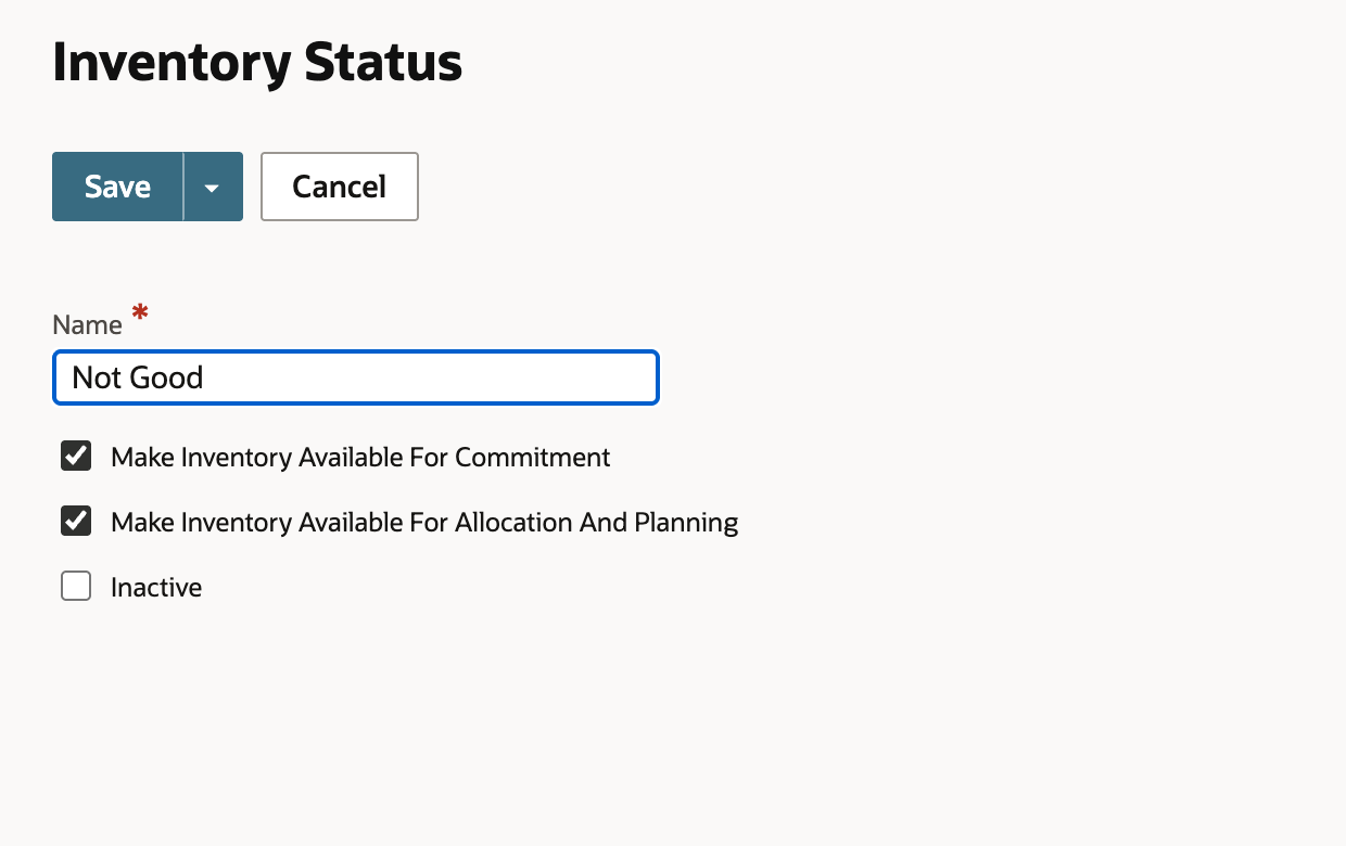 New Inventory Status form filled with Not Good and both availability options checked.