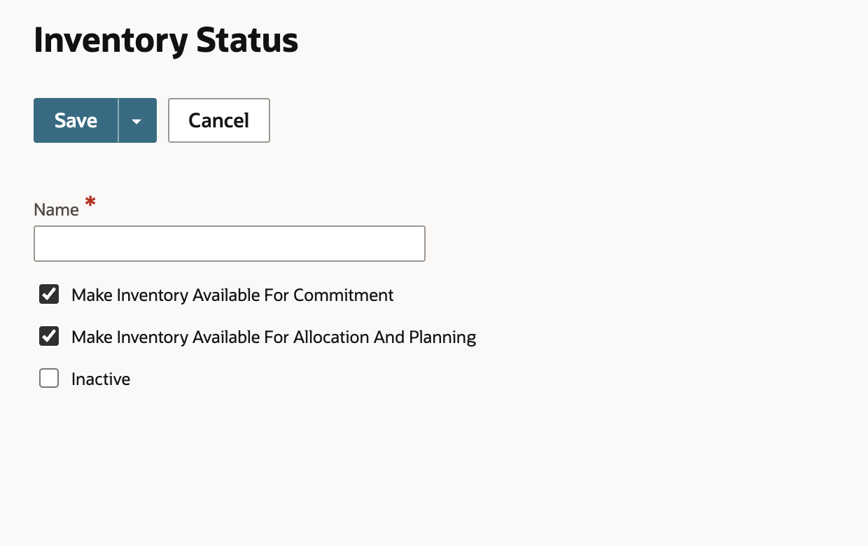 Blank new Inventory Status form showing the Name field and two checked availability options.