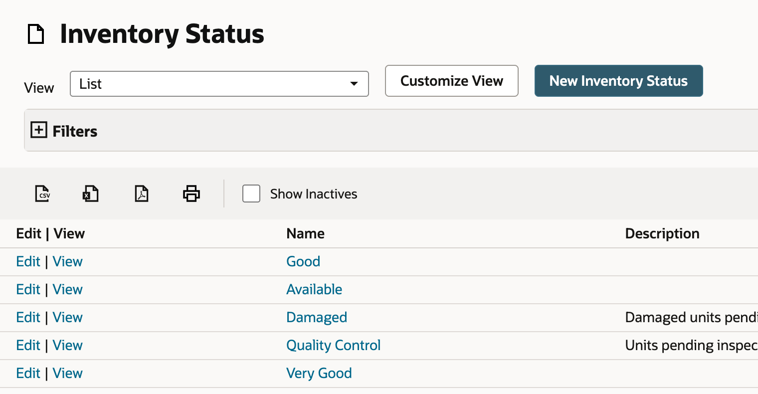 Inventory Statuses list before adding a status, with New Inventory Status available.