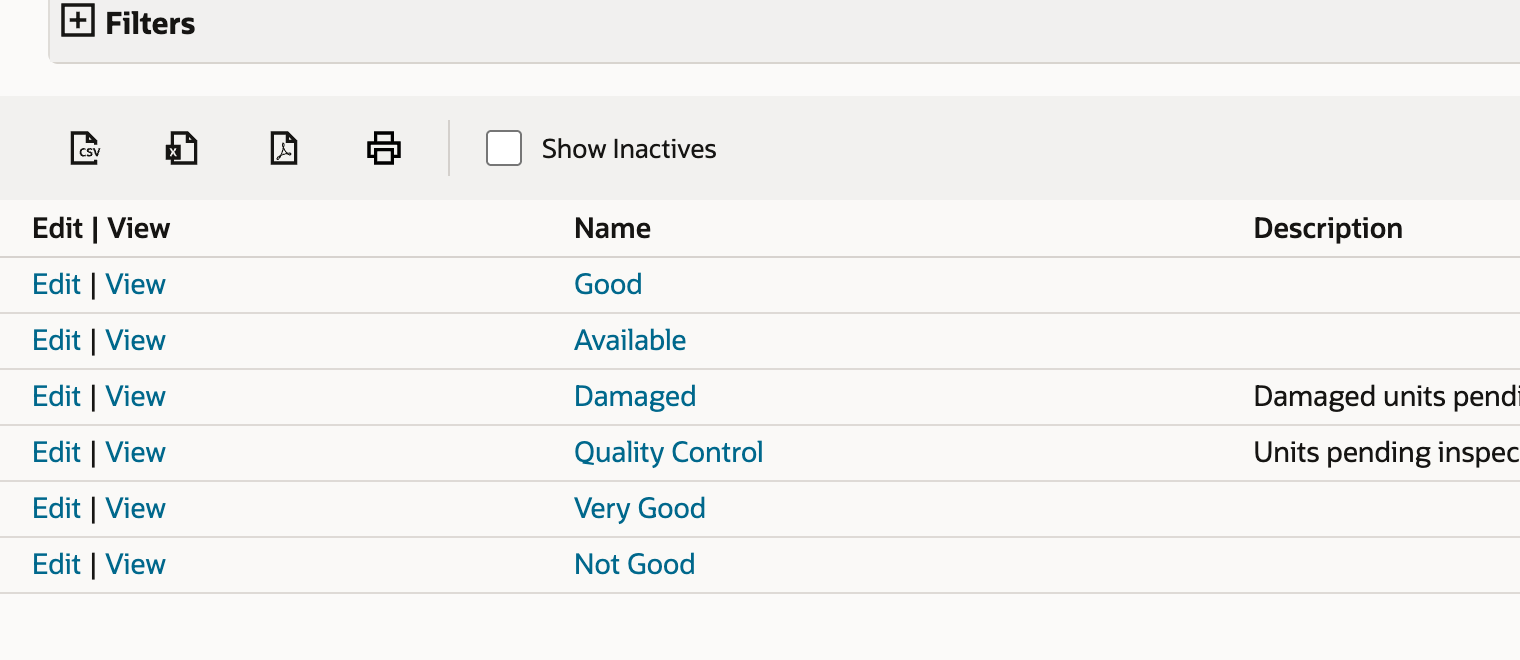 Inventory Statuses list showing Not Good as Active.