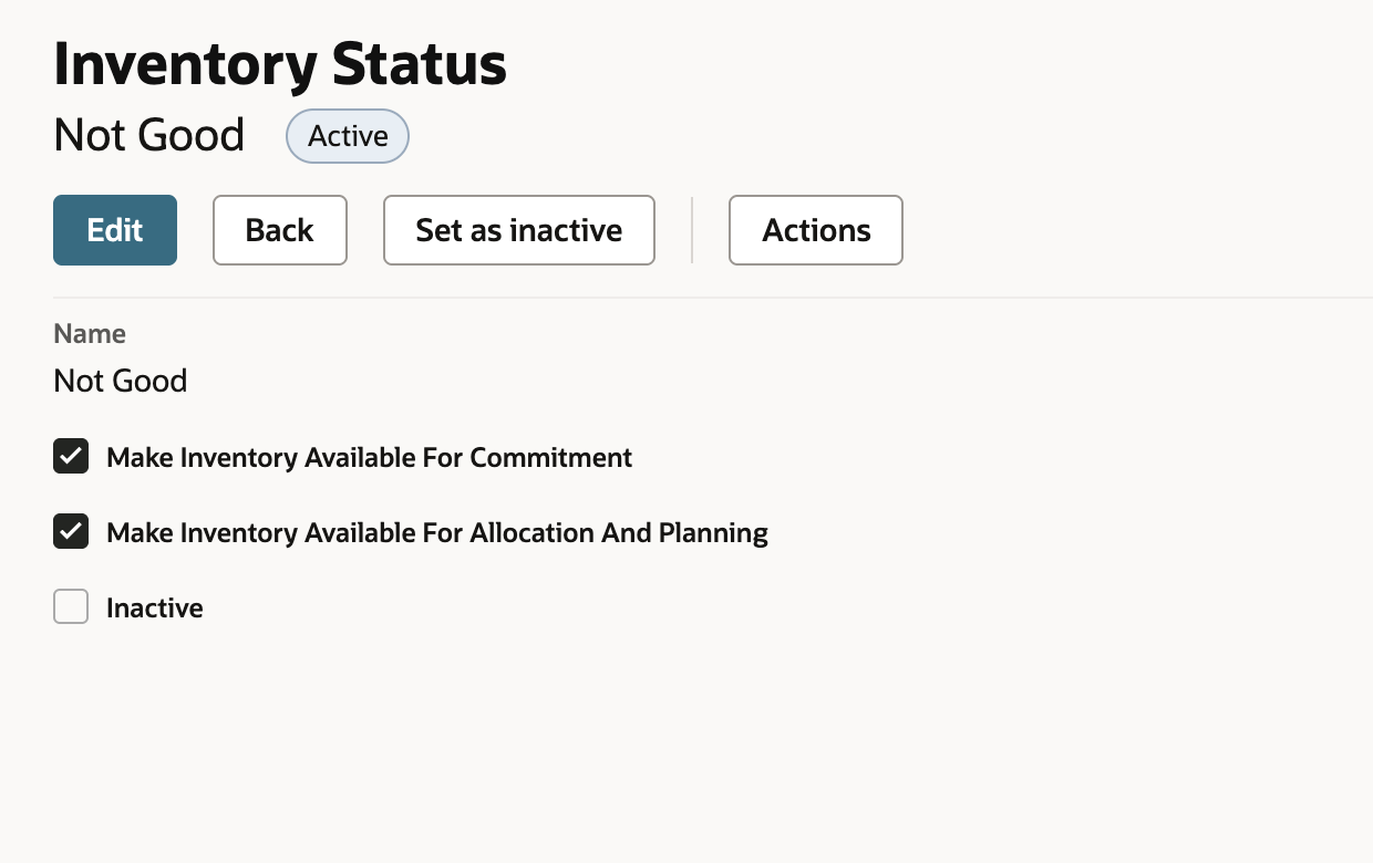 Saved Not Good status marked Active with commitment and allocation/planning availability checked.