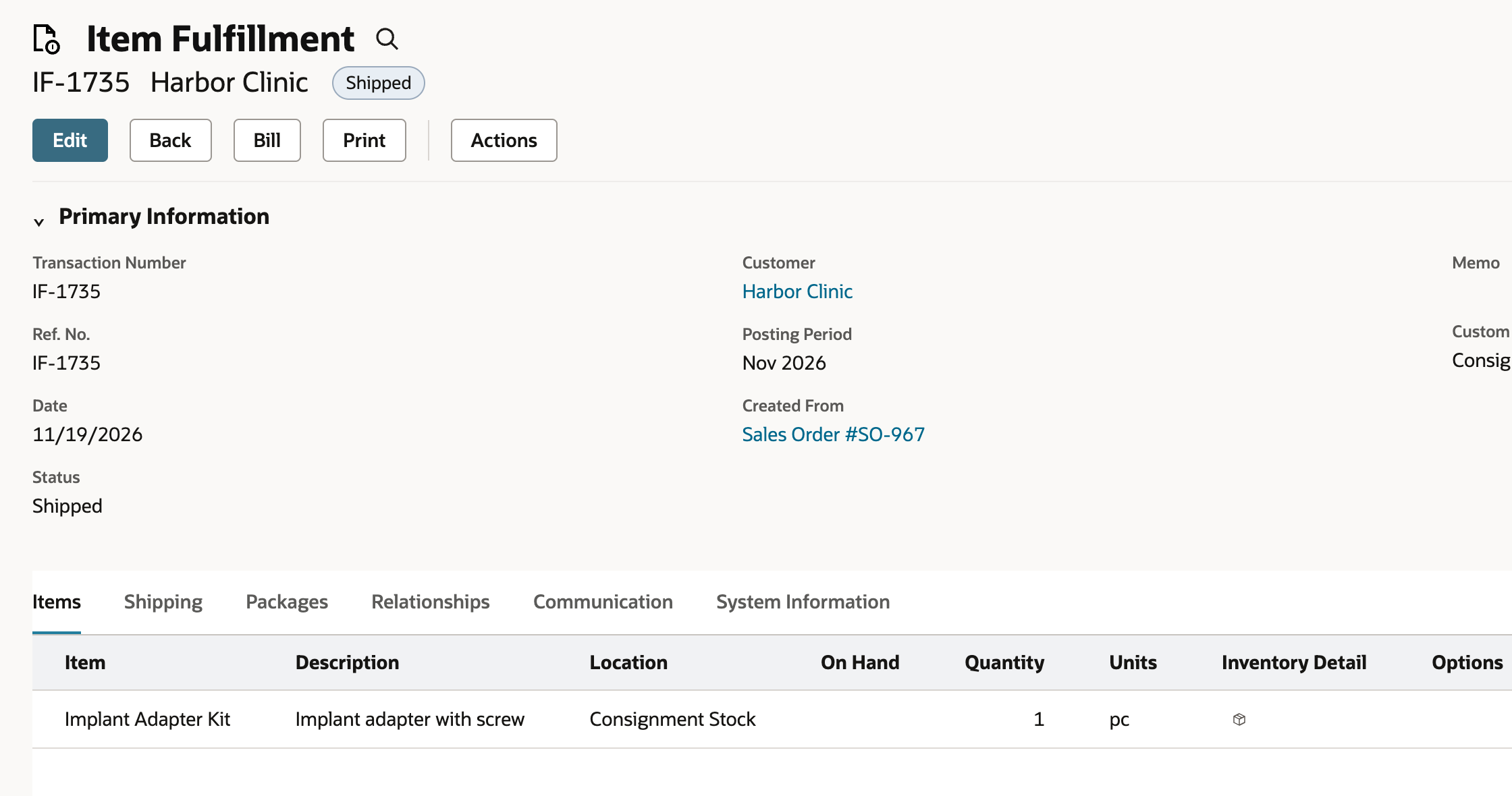 Saved IF-1735 is Shipped and shows its source sales order SO-967.