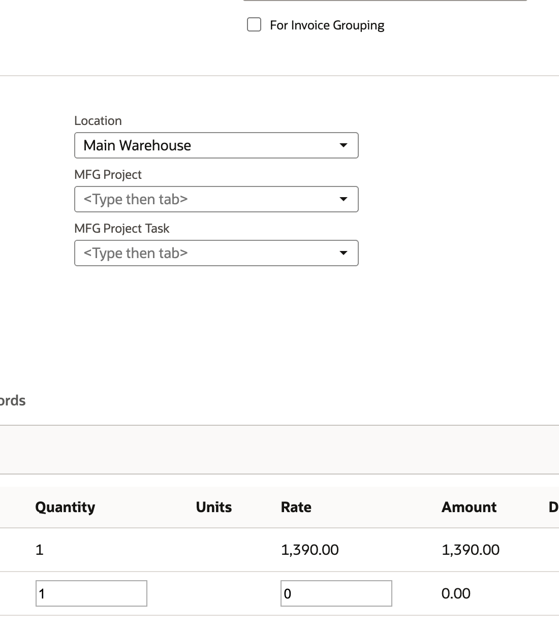 Invoice entry shows Main Warehouse as the header location and HKD 1,390.00 as the line amount.