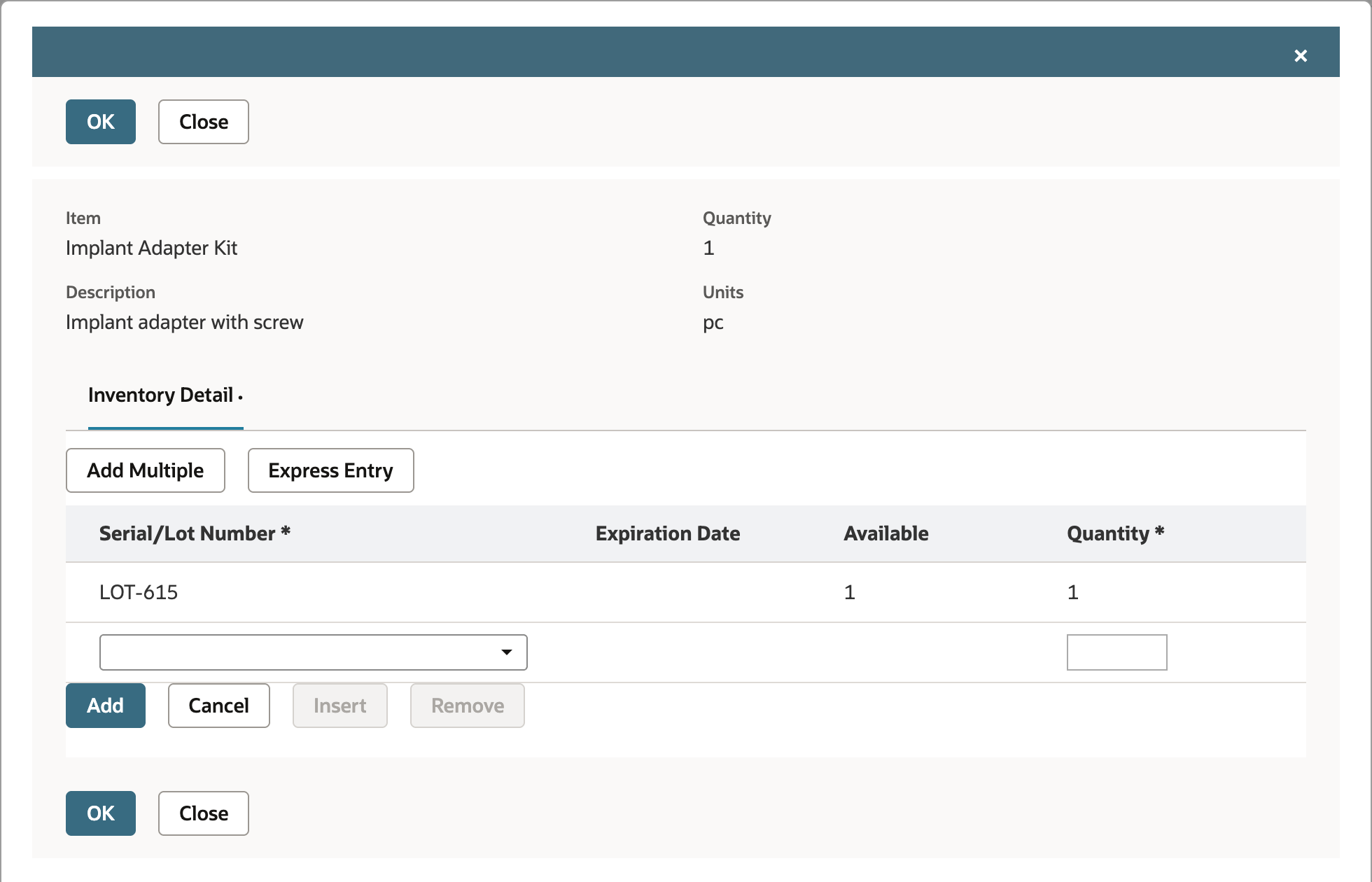 Inventory Detail shows LOT-615 assigned for quantity 1 with one available.