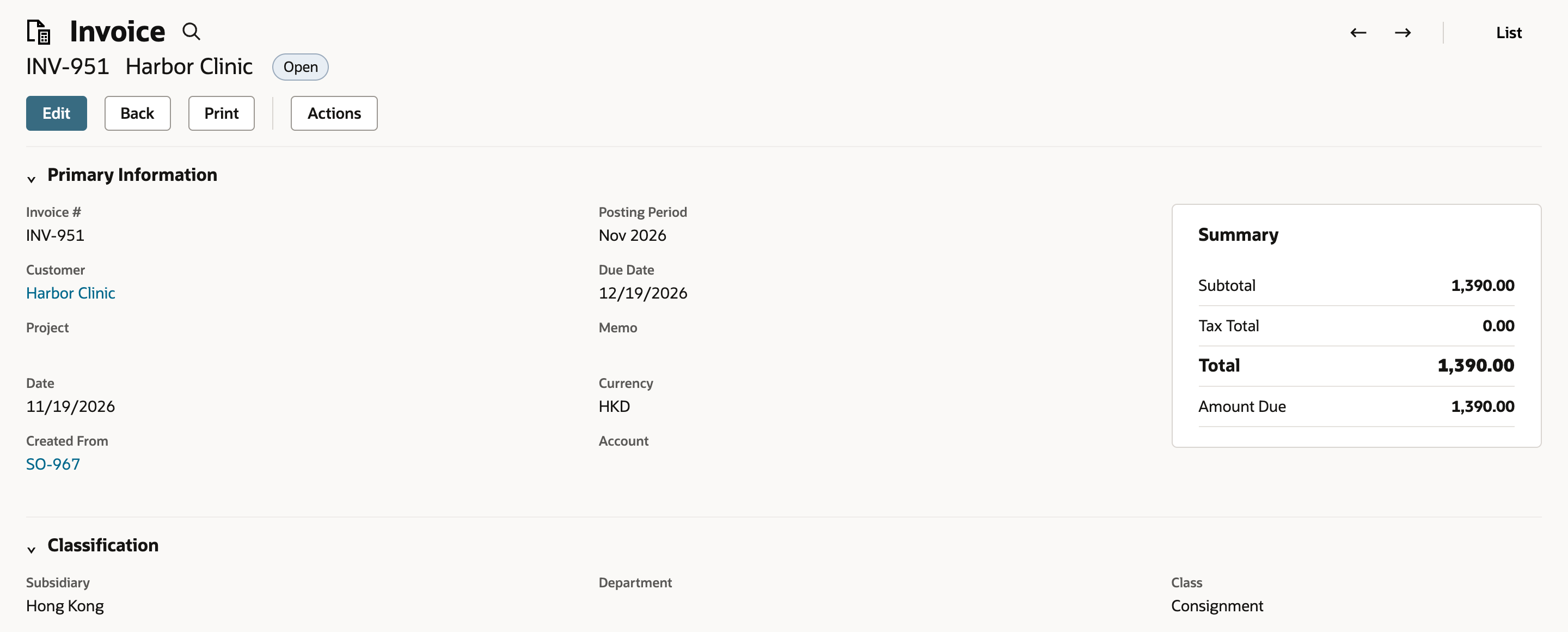 Saved INV-951 is Open, links to SO-967, and shows HKD 1,390.00 Amount Due.
