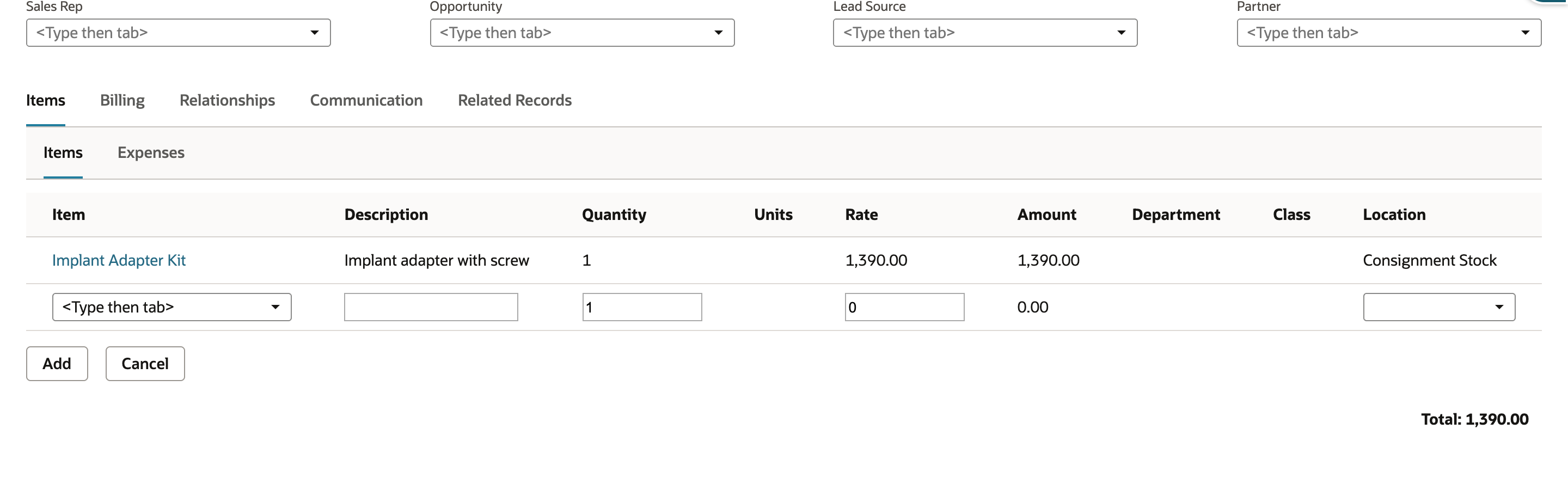 One Implant Adapter Kit line has quantity 1 and HKD 1,390.00 amount at Consignment Stock.