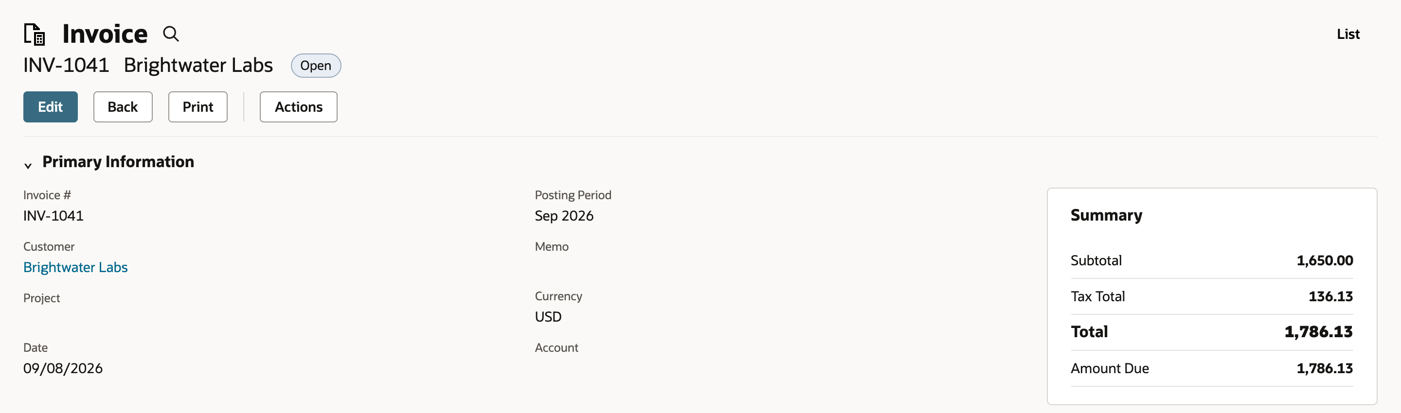 Invoice INV-1041 for Brightwater Labs, status Open. The Summary box shows Subtotal 1,650.00, Tax Total 136.13, Total 1,786.13, and Amount Due 1,786.13.