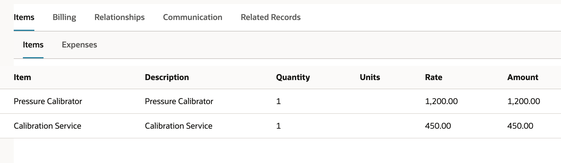 The Items subtab of INV-1041 with two rows: Pressure Calibrator, quantity 1, amount 1,200.00, and Calibration Service, quantity 1, amount 450.00. The grid total is 1,650.00.