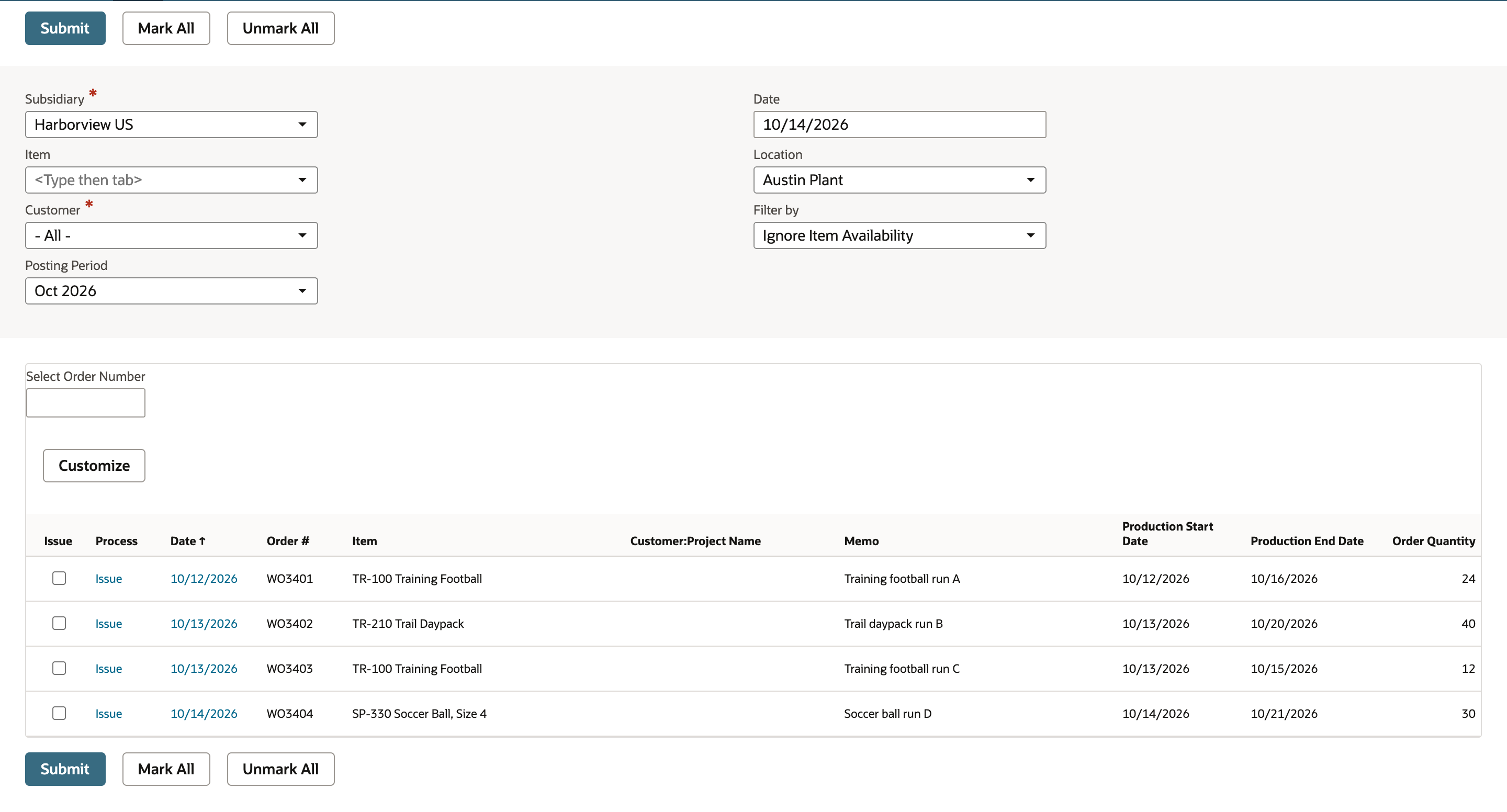 Filter by is Ignore Item Availability and four orders are listed, including WO3404.