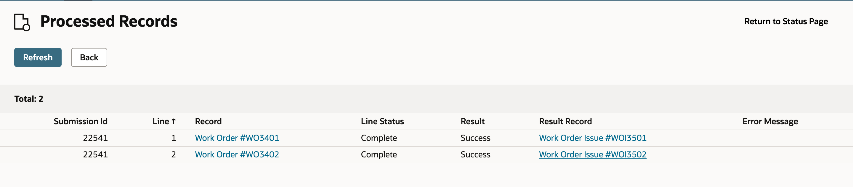 Processed Records lists two orders, each Complete and Success, with Work Order Issue WOI3501 and WOI3502 in Result Record.