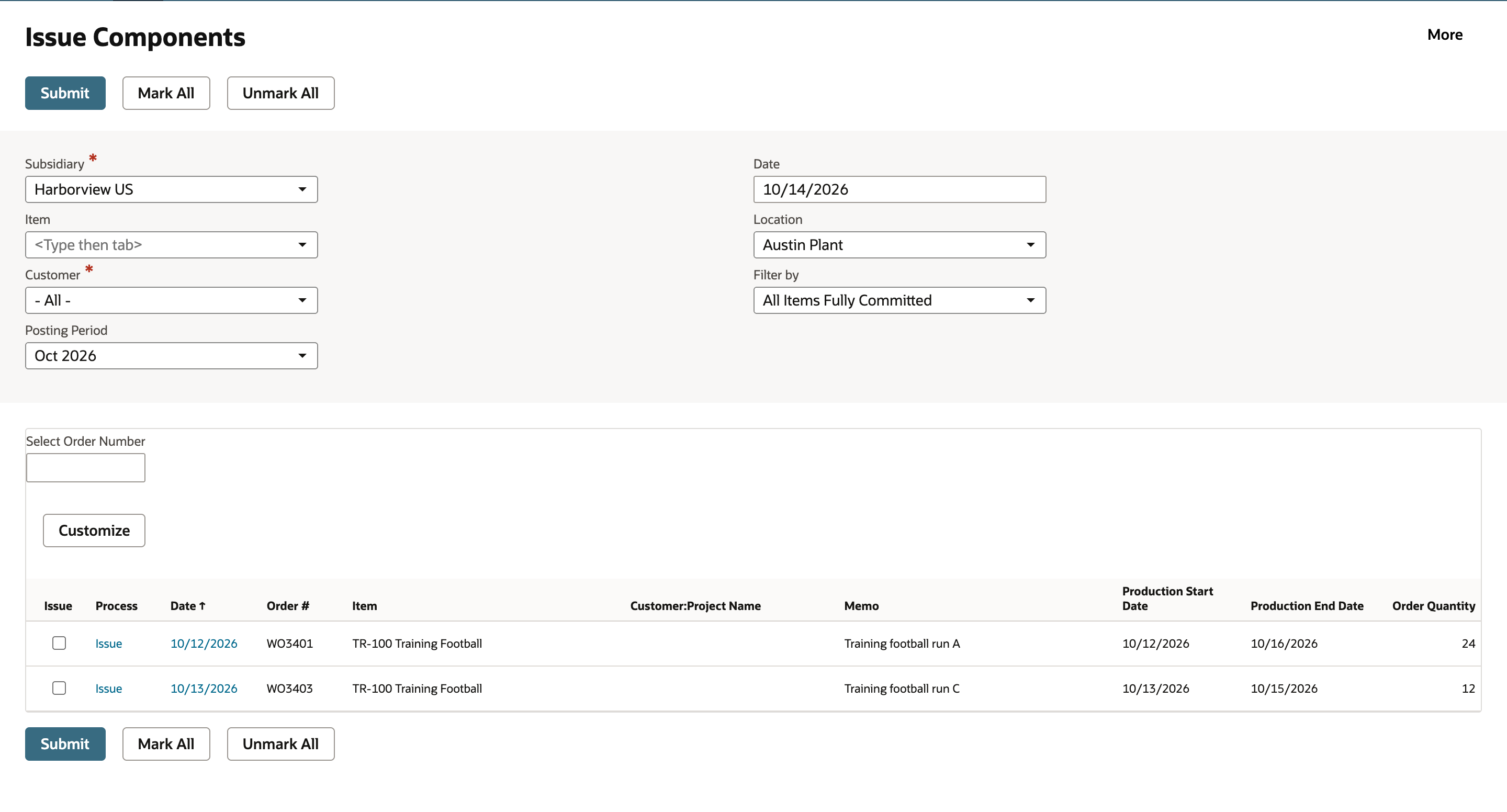 Filter by is All Items Fully Committed and only WO3401 and WO3403 are listed.