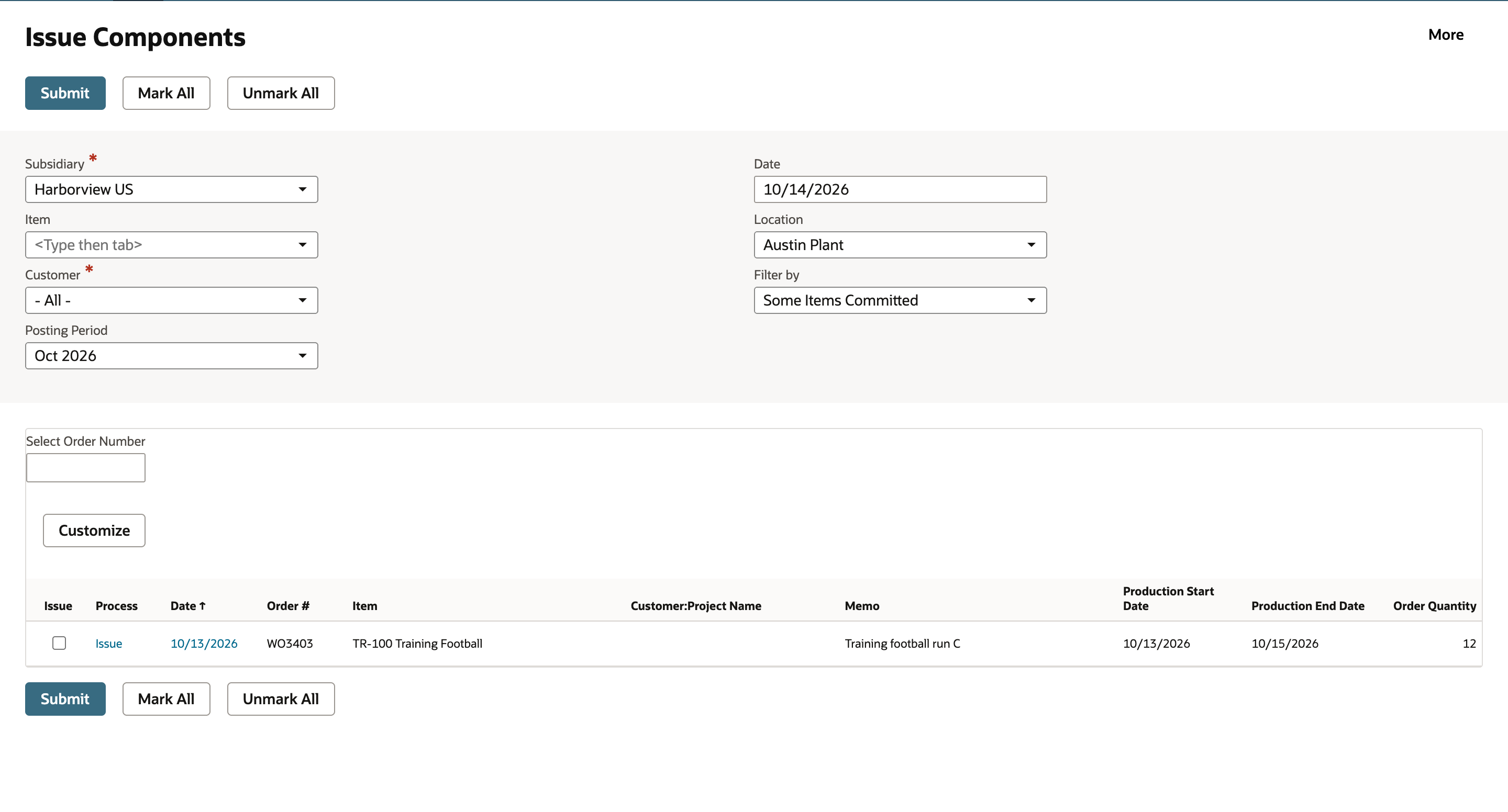 Issue Components for Austin Plant now lists only WO3403.