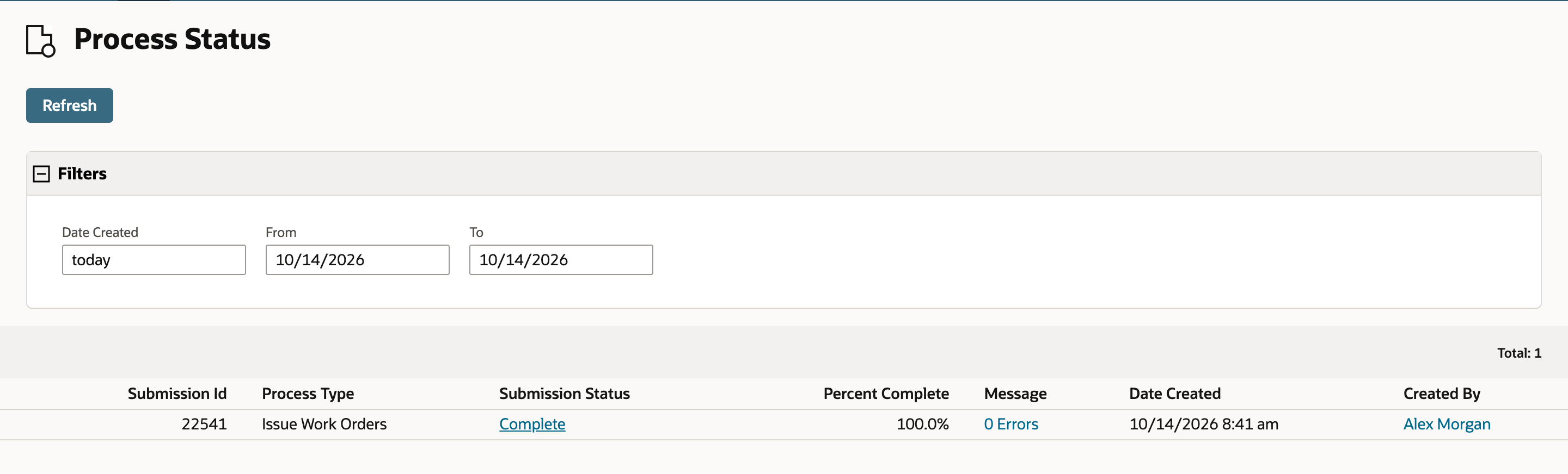Process Status shows submission 22541 Complete at 100.0% with 0 Errors.