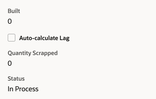 Work order WO5127 with an arrow pointing at Status In Process and Built still 0.