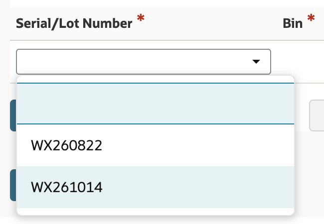 The Inventory Detail popup for WX-210 with the Serial/Lot Number list open and lot WX261014 highlighted.