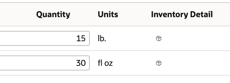 The Components tab with WX-210 at 15 lb and FO-330 at 30 fl oz, each with an Inventory Detail icon.