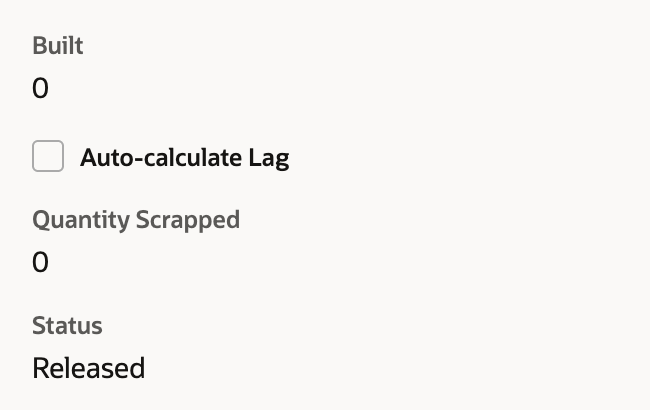 Work order WO5127 with an arrow pointing at Status Released, WIP checked, Quantity 30 and Built 0.
