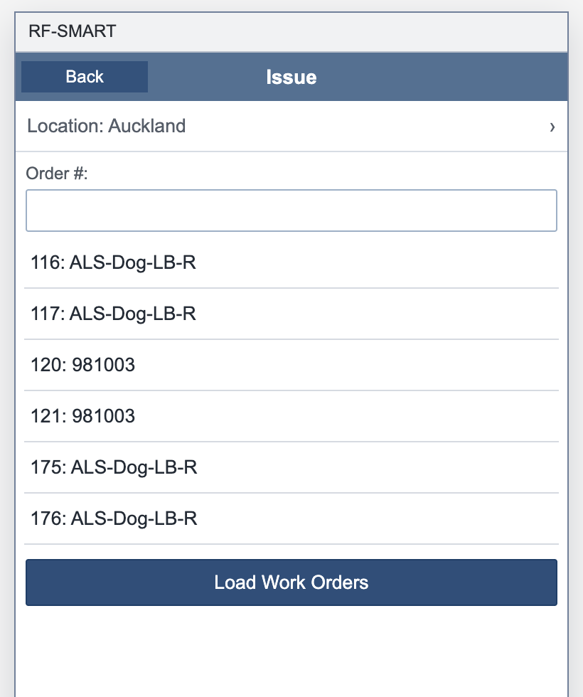 Issue Components list for Auckland showing six work orders and order 116 near the top.