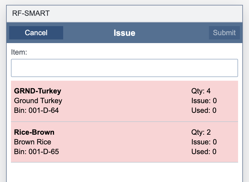 Two red component rows show Ground Turkey quantity 4 and Brown Rice quantity 2, each with Issue 0.
