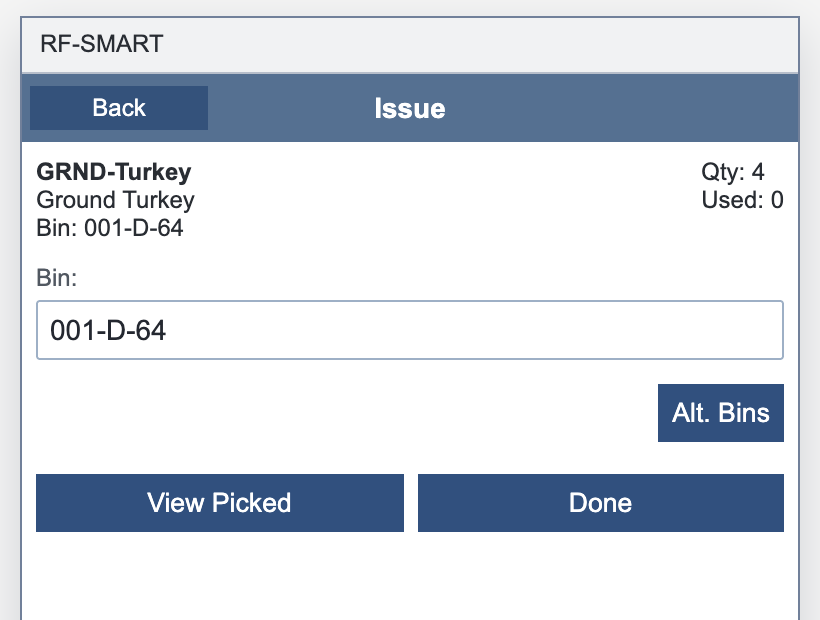Ground Turkey detail with bin 001-D-64 entered and the Done button enabled.