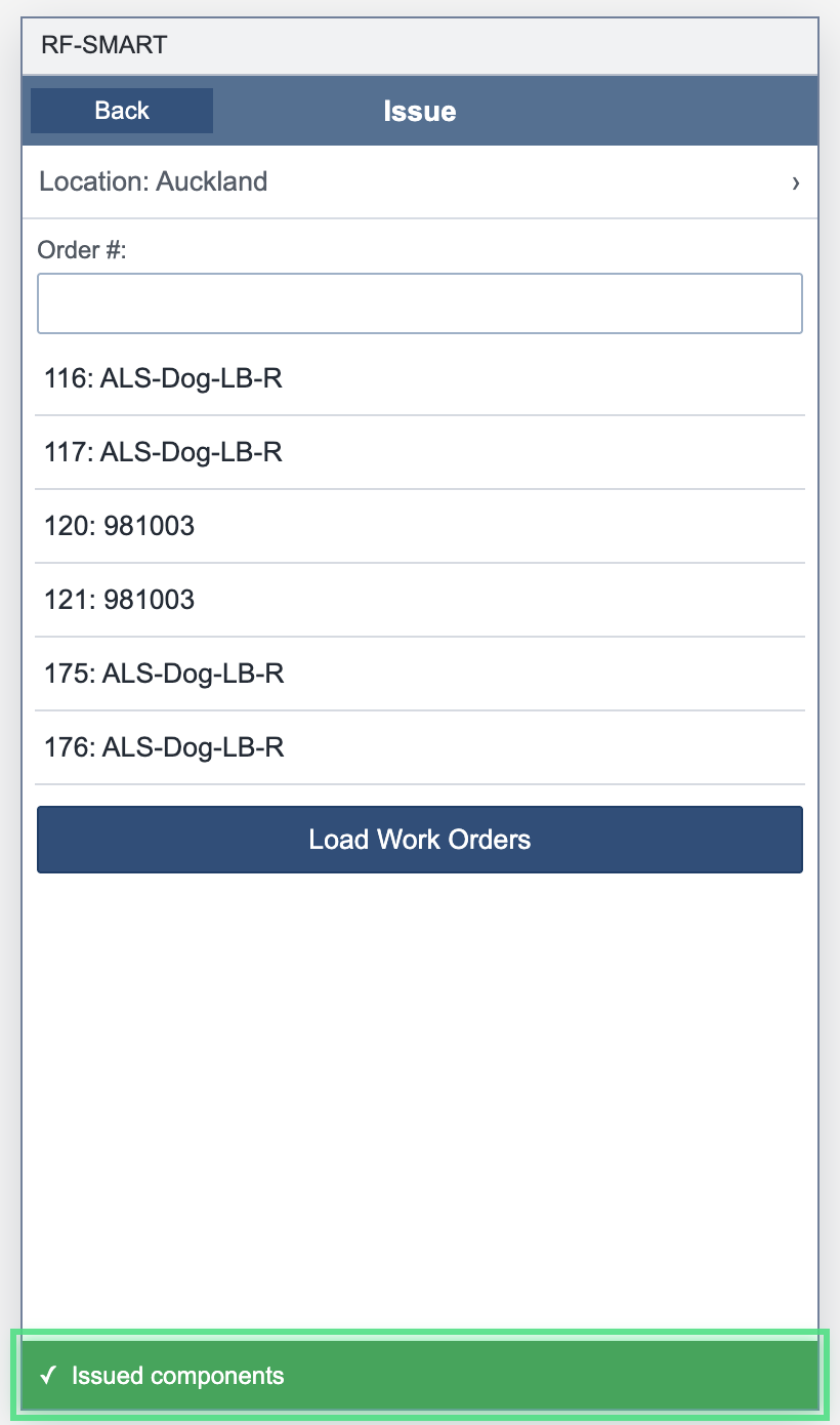 RF-SMART returns to the work-order list and shows the green Issued components confirmation.