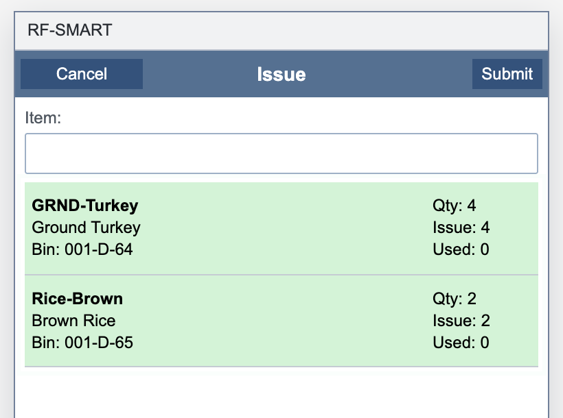 Both component rows are green, with Issue 4 for Ground Turkey and Issue 2 for Brown Rice; Submit is enabled.