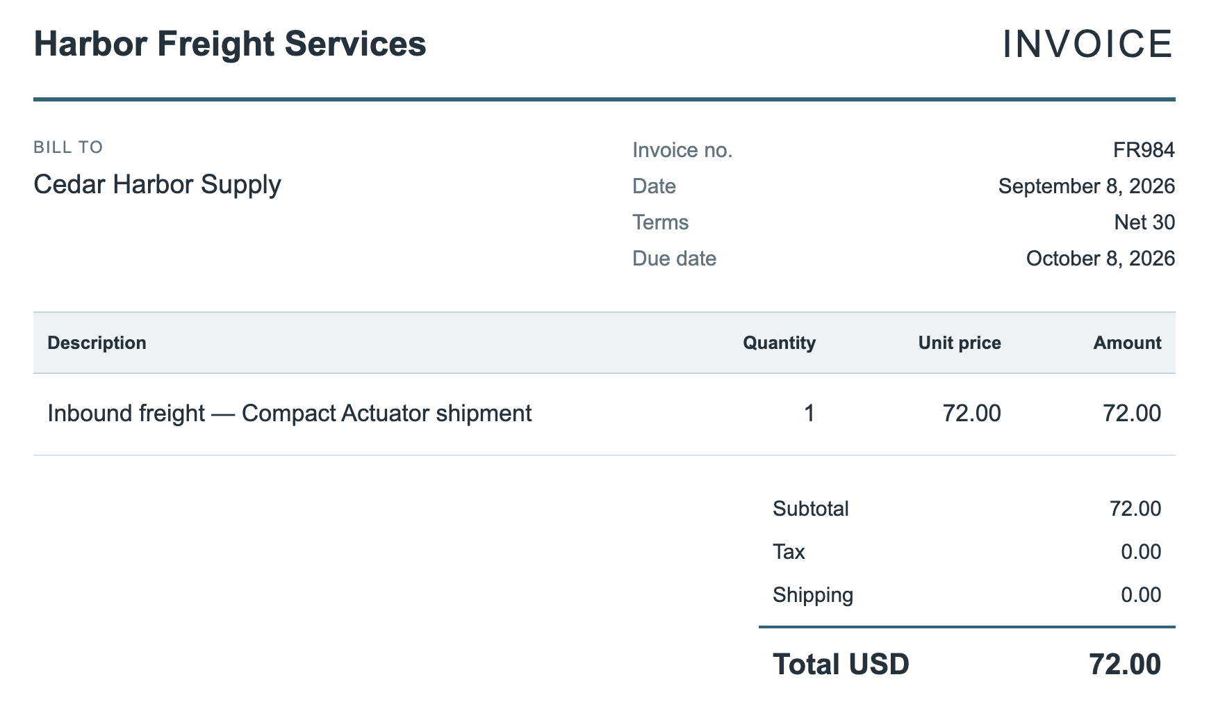 The carrier invoice supplies a separate $72 freight charge.